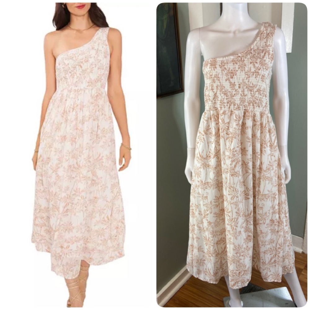 1. State Etched Palm One-Shoulder Midi Dress Smocked Hawaiian Large L Sundress